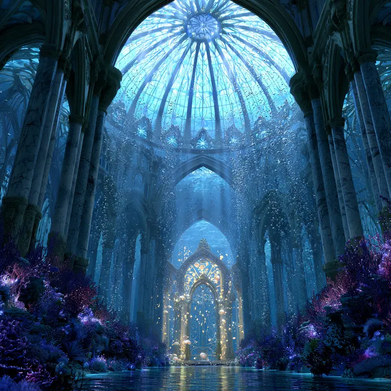 Beautiful underwater cathedral with glowing magical door and marine flora