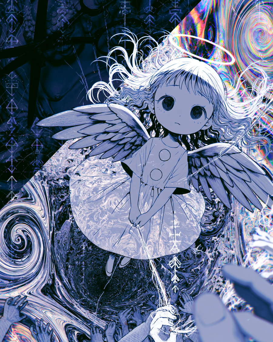 A digitally illustrated little girl with angel wings and a halo floating above a swirling, abstract background with multiple reaching hands and mystical symbols