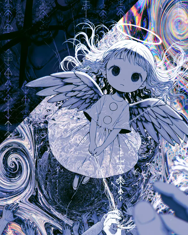 Surreal illustration of a small angelic girl with wings and a halo