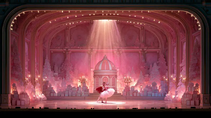 Elegant ballet dancers performing on an ornate stage with soft spotlight