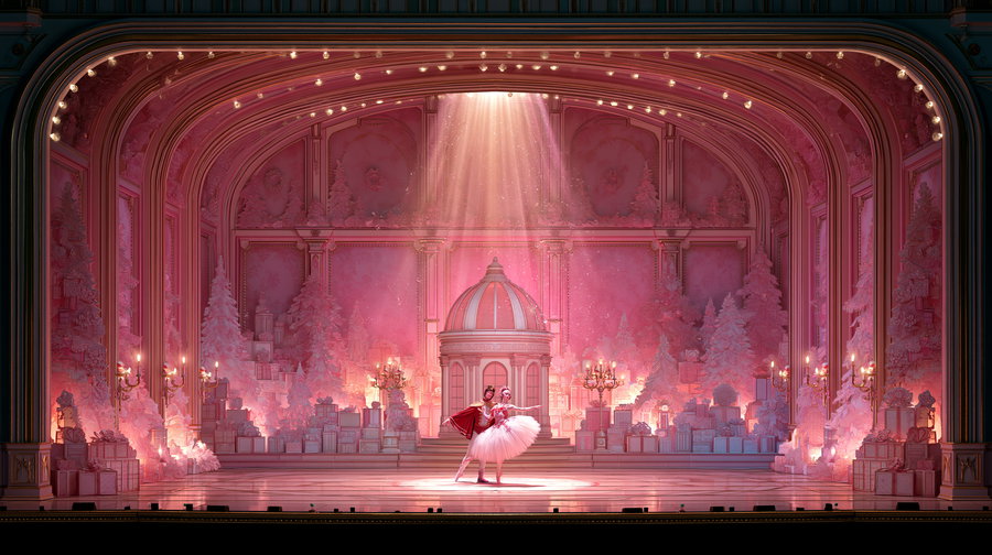 Two ballet dancers in elaborate costumes performing on a grand stage adorned with pink decorations, presents, and candle-like lights, illuminated by a focused beam of light from above.