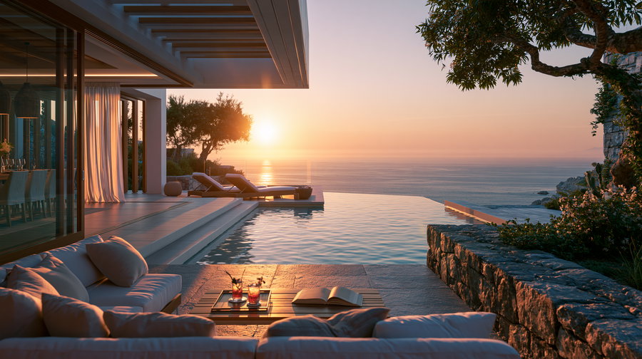 A modern patio setting with sofas, a coffee table holding drinks and an open book, overlooking an infinity pool that merges with the calm ocean under a setting sun, surrounded by stone walls and greenery.