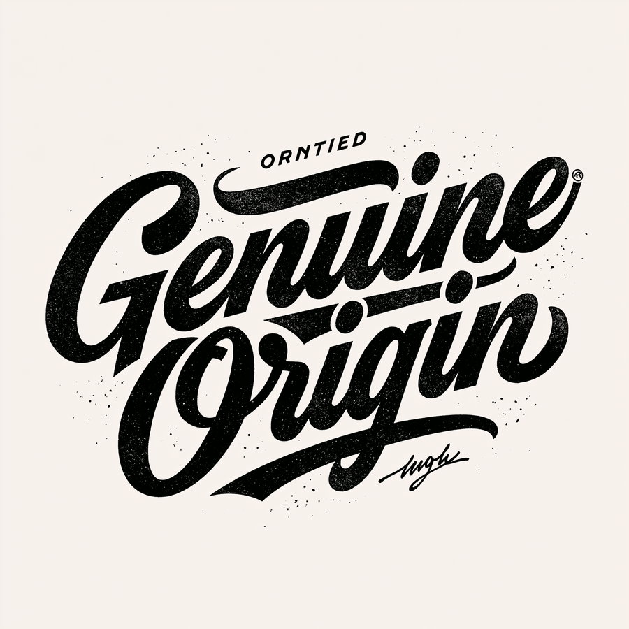 Black vintage style calligraphy lettering on a light background with the phrase genuine origin and additional small text