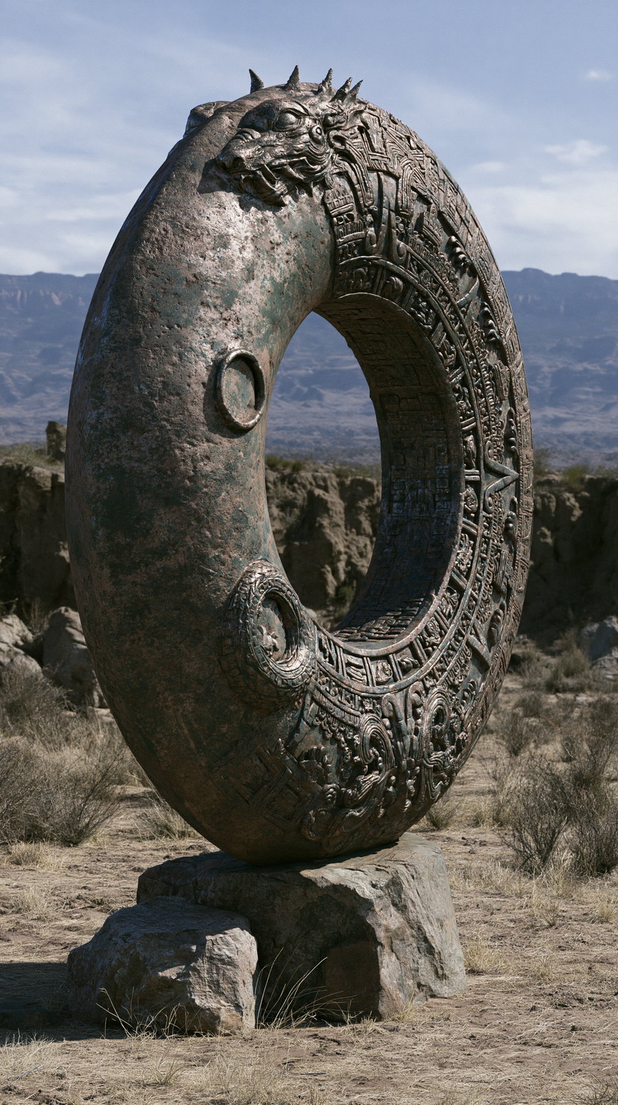 A large circular stone sculpture with detailed carvings and a dragon head at the top, standing on rocks in a dry, rocky desert landscape with distant mountains under a partly cloudy sky.