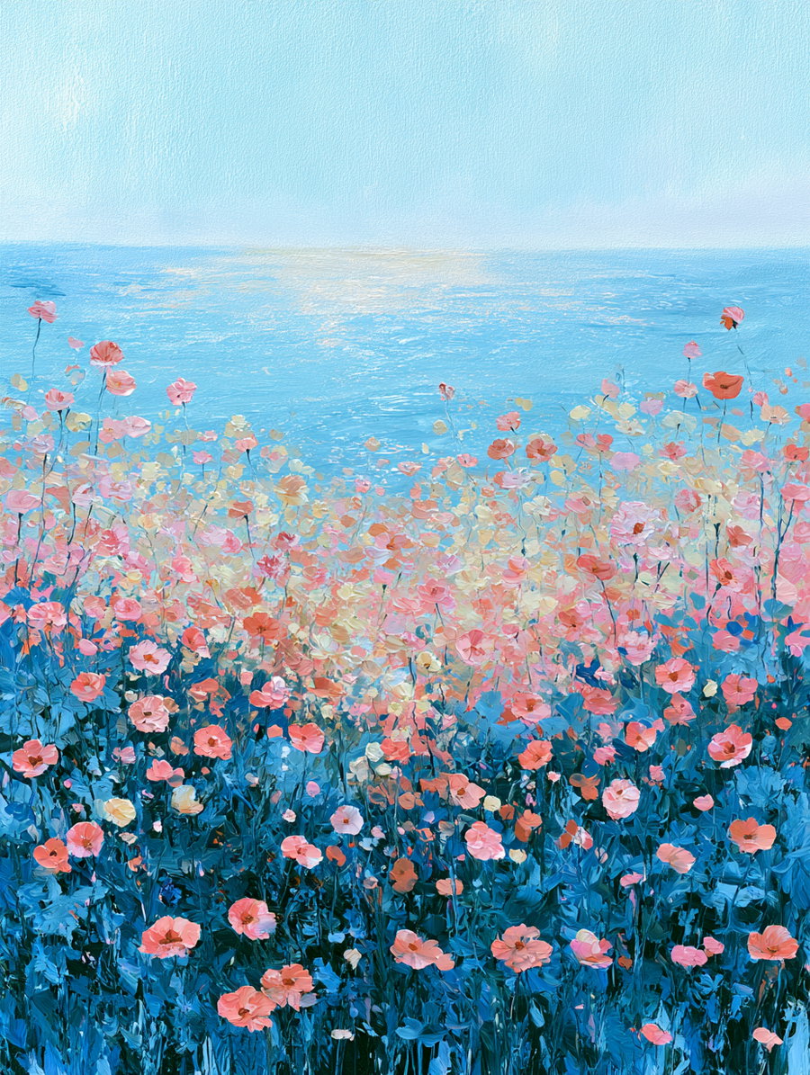 A vibrant painting showing a dense field of coral and pink wildflowers in the foreground with blue foliage, blending into pale pastel flowers towards the sea under a light blue sky.