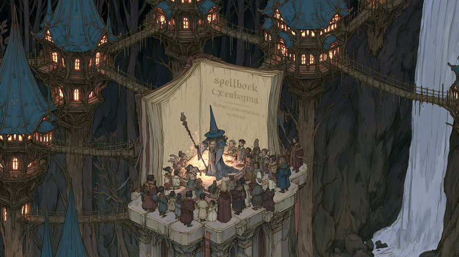 A wizard in blue robes and hat stands on a stone platform with a giant open spellbook behind, teaching a crowd of various characters in a cliffside village with tree houses, wooden bridges, and a waterfall nearby at night.
