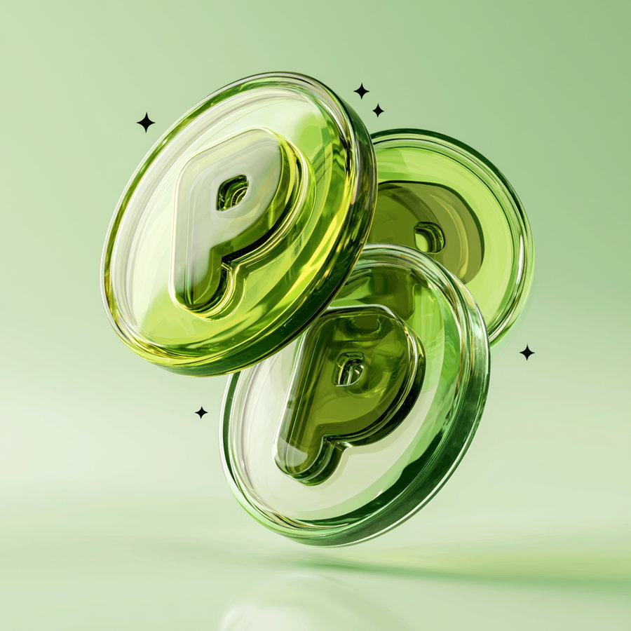 Three transparent green glass-like coins with the letter P in the center, floating against a soft green gradient background with small sparkling stars around them