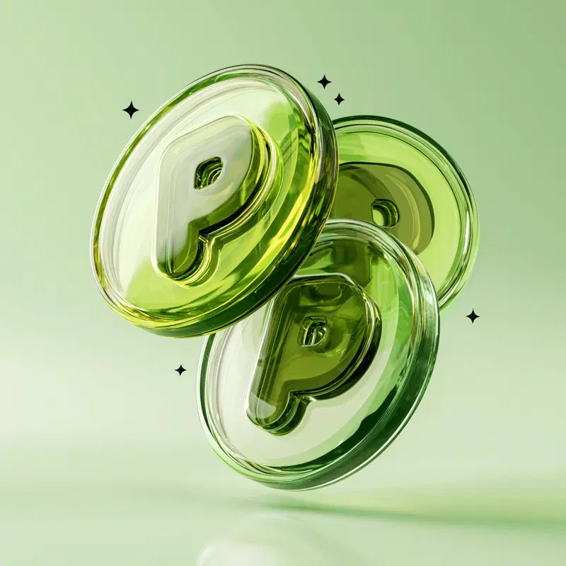 Transparent glossy green 3D coins with letter P floating on light background