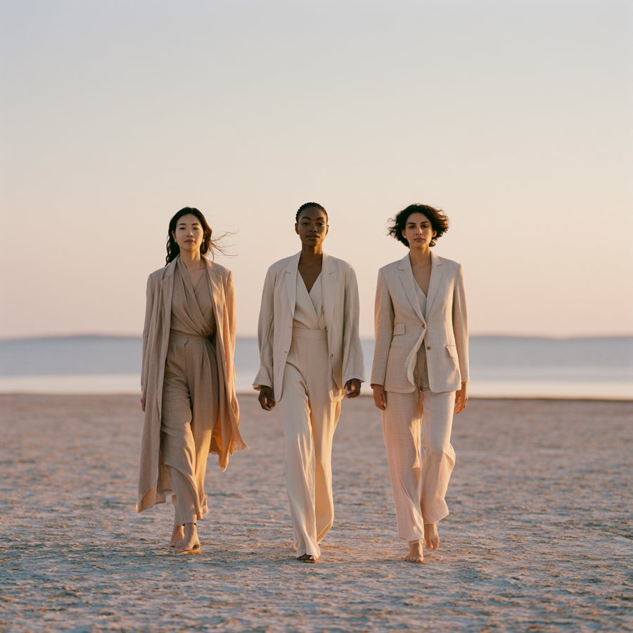 Three women in stylish beige and cream-colored suits walking barefoot on a sandy beach at sunset with a calm sea and clear sky in the background