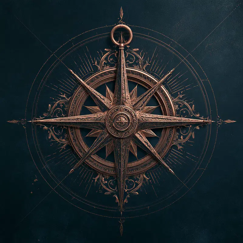 Intricately designed antique compass rose with ornate patterns on dark background