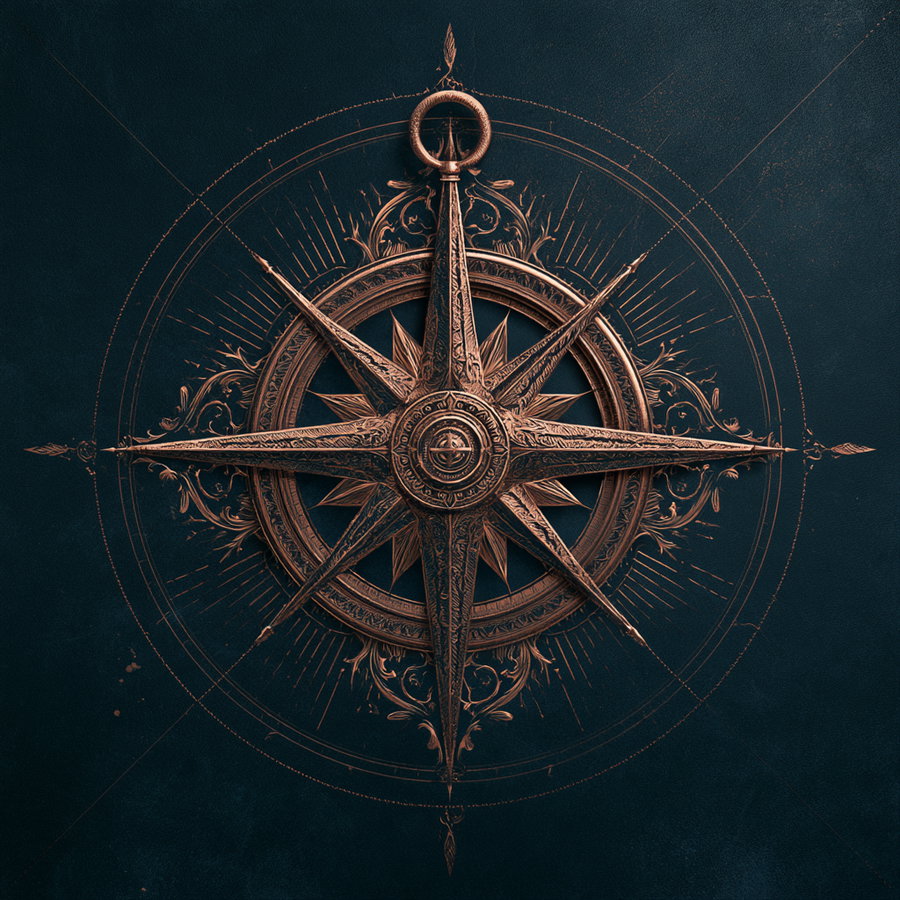 A detailed bronze or copper compass rose with ornate decorative elements and radial lines on a dark textured background.