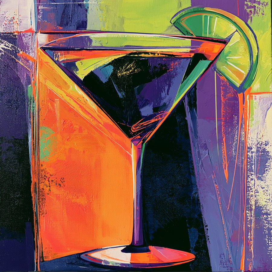 Abstract colorful painting featuring a stylized cocktail glass with a lime slice on the rim, using bright hues of orange, purple, green, and black