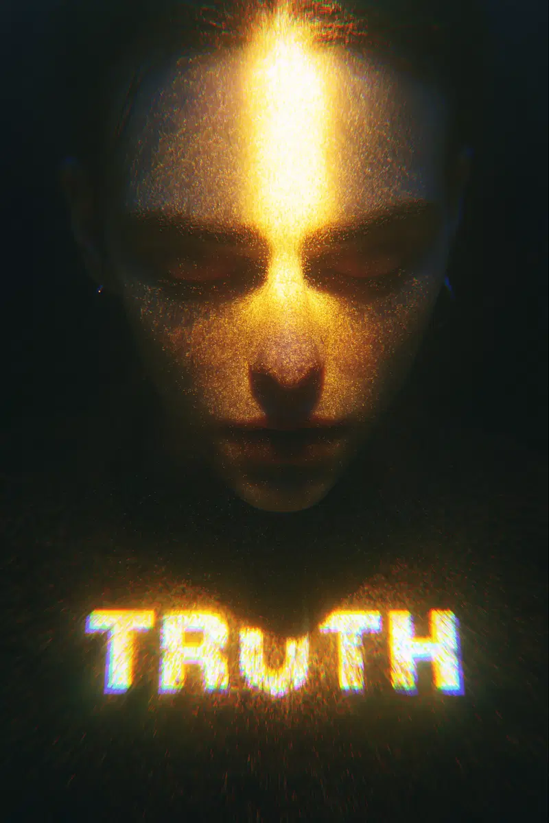 Surreal portrait of a person with glowing text truth beneath their face