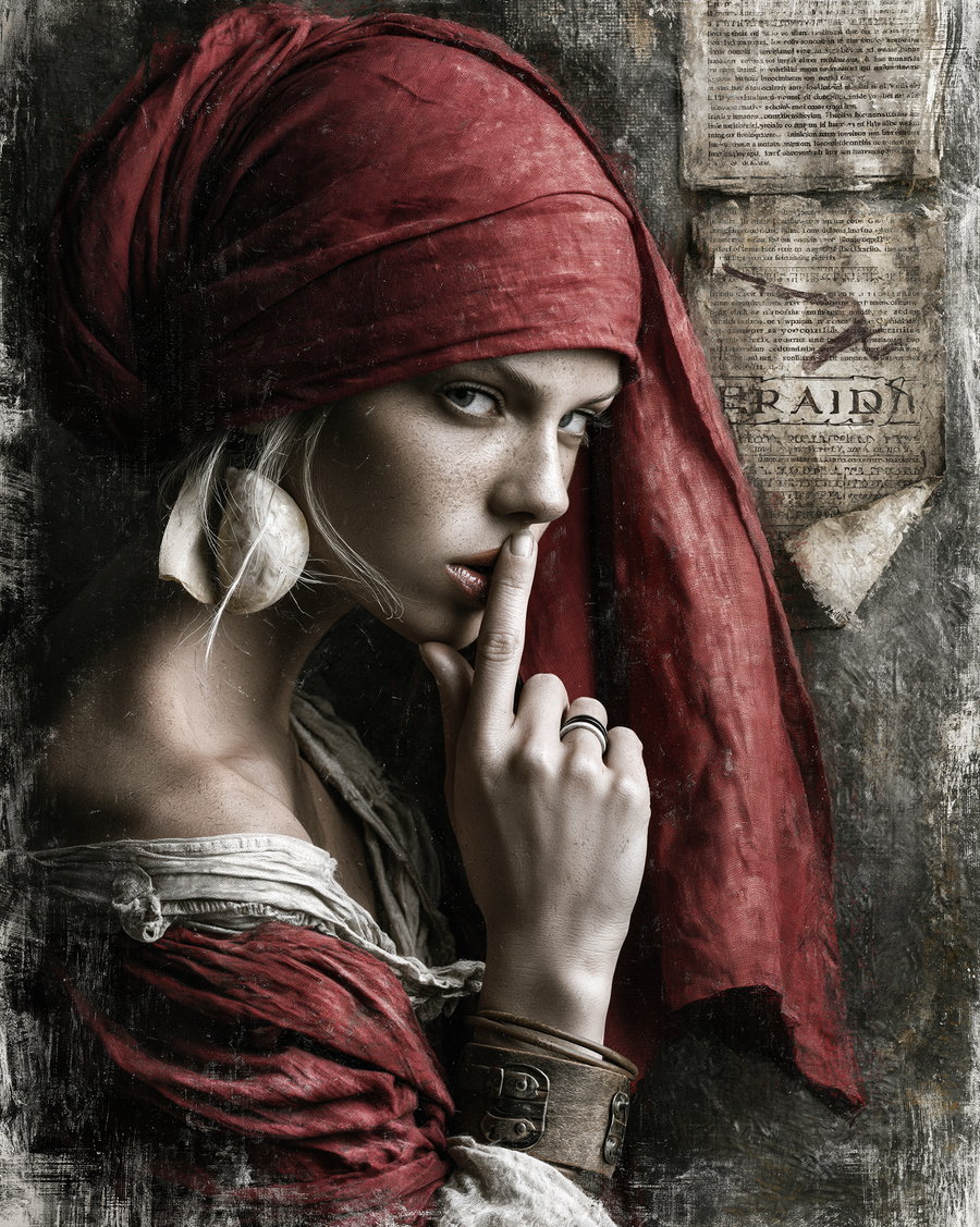 Close-up image of a woman with a red headscarf, beige off-shoulder clothing, large earring, and brown leather wrist cuff with finger pressed to lips in a shushing gesture, textured background with aged paper.