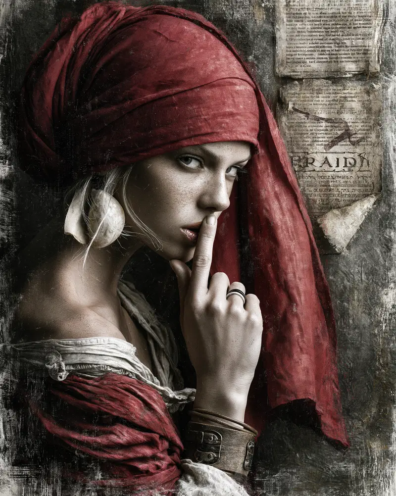 Portrait of a woman wearing vintage-style red headscarf and brown wrist cuff making a shushing gesture