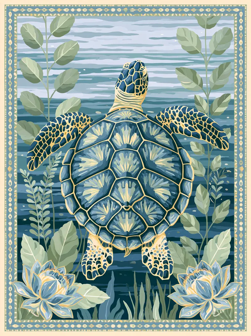 Illustrated sea turtle swimming underwater surrounded by aquatic plants