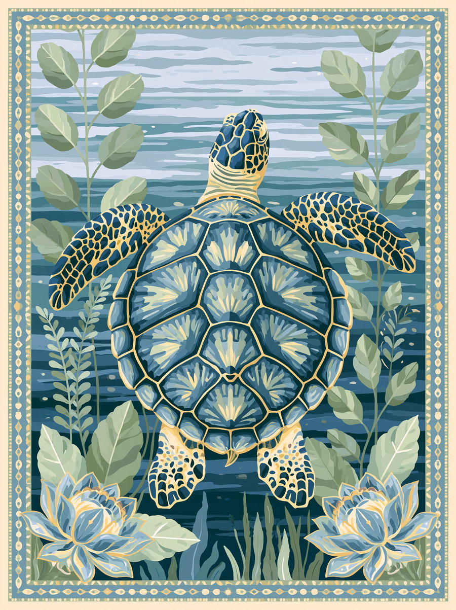 Detailed illustration of a sea turtle viewed from above swimming in water with various green plants and flowers around it