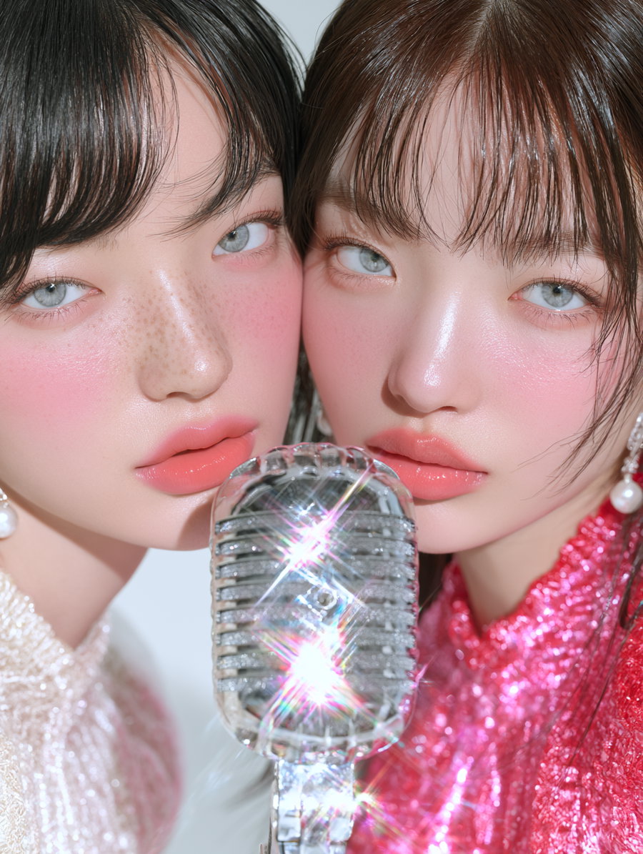 Two young women with smooth, glossy skin and light blue eyes closely positioned near a sparkling vintage silver microphone, wearing shimmering clothes and pearl earrings