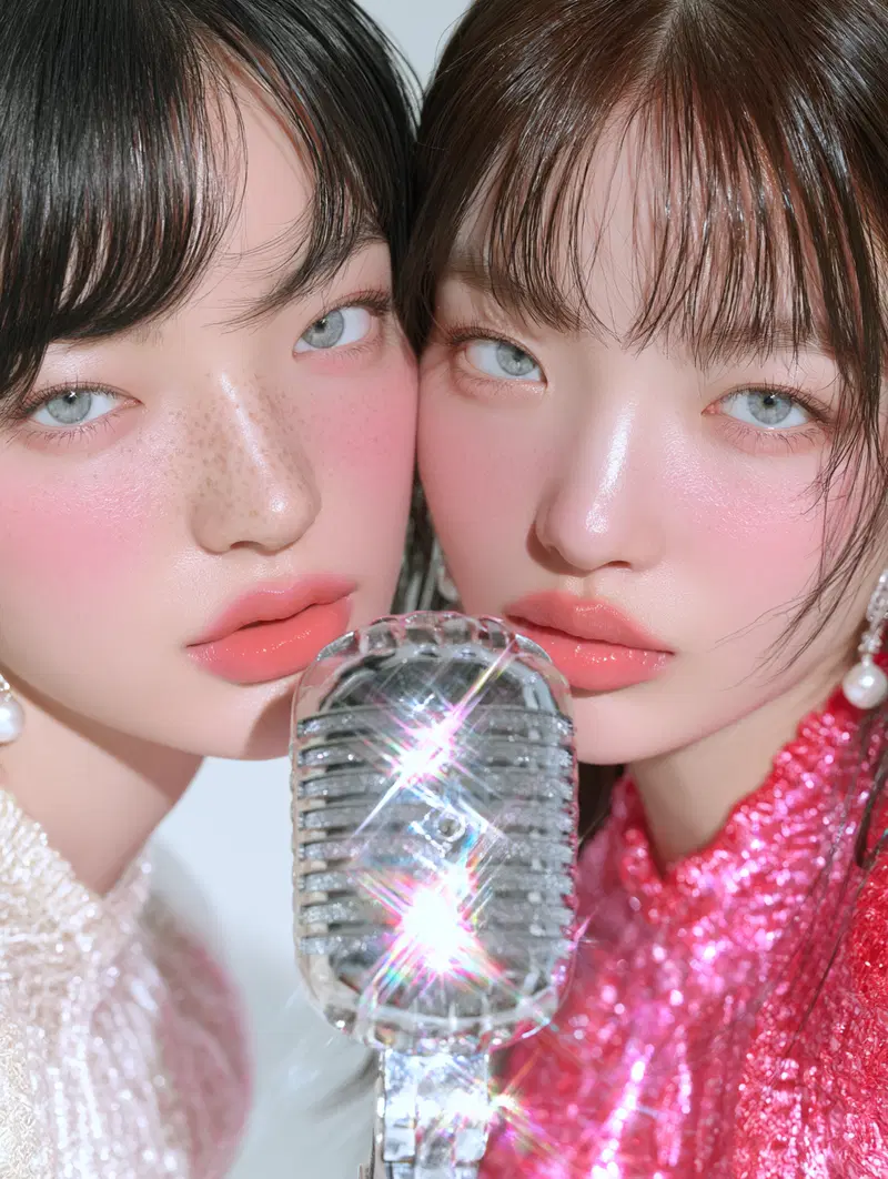 Close up portrait of two women with flawless skin and sparkling vintage microphone