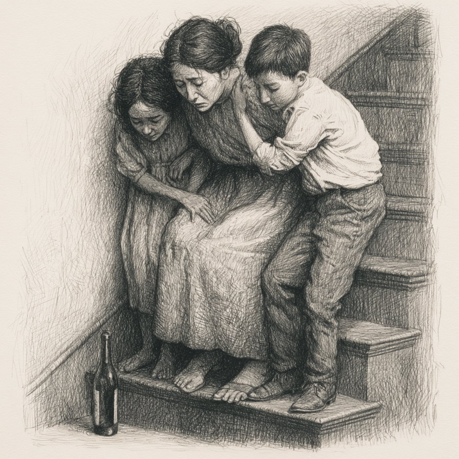 A detailed pencil sketch depicting a woman sitting on stairs with a boy and a girl closely hugging and comforting her, all looking down with serious expressions. A bottle is placed on the floor near the stairs.