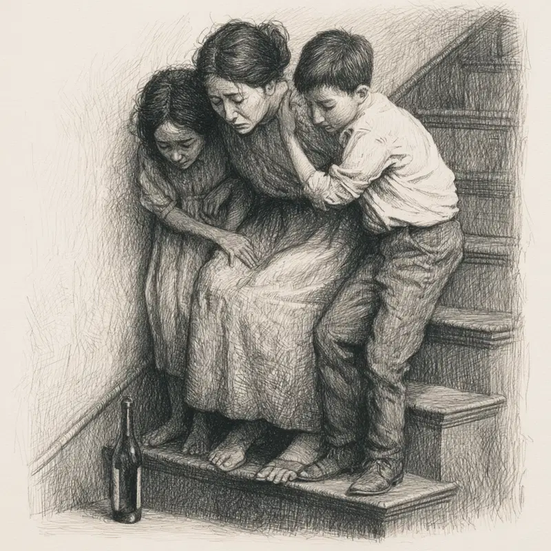 Detailed sketch of a woman and two children in a somber embrace on stairs