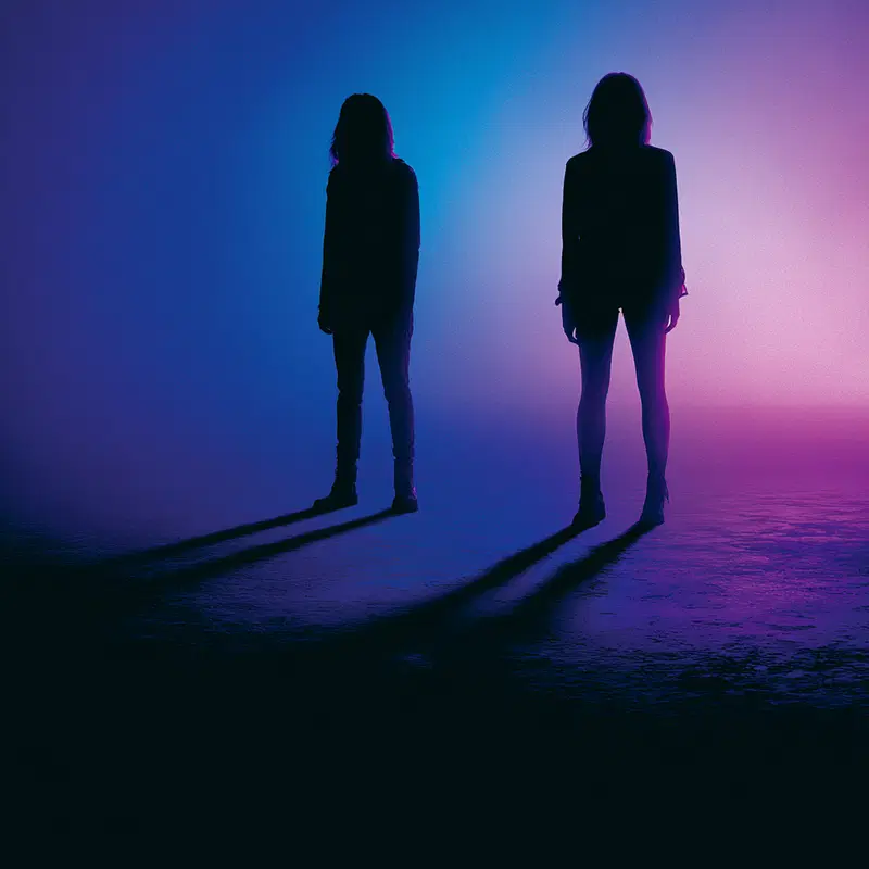 Silhouetted figures standing against vibrant blue and purple gradient light