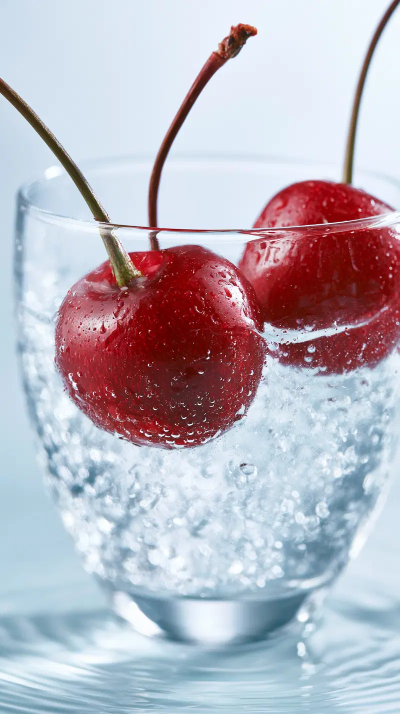 Close up of fresh red cherries submerged in sparkling water in a glass