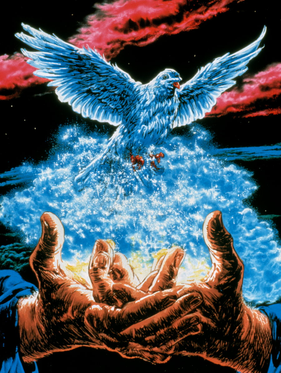 A detailed illustration featuring two large hands cupped together emitting glowing blue sparkles from which a blue bird with outstretched wings rises against a dark sky with red clouds.