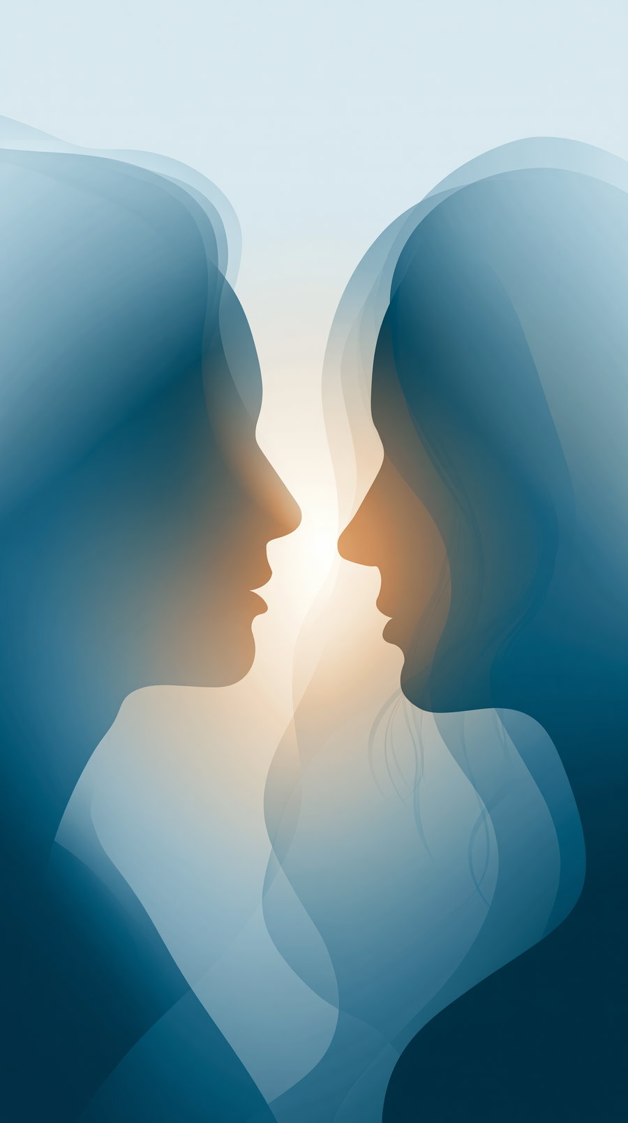 Two overlapping translucent blue silhouettes of human faces in profile facing each other with a warm light glow in the background