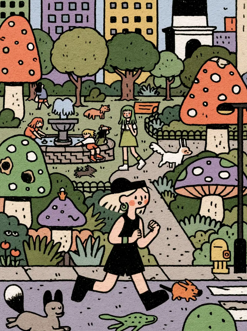 Whimsical urban park scene with oversized mushrooms and playful characters