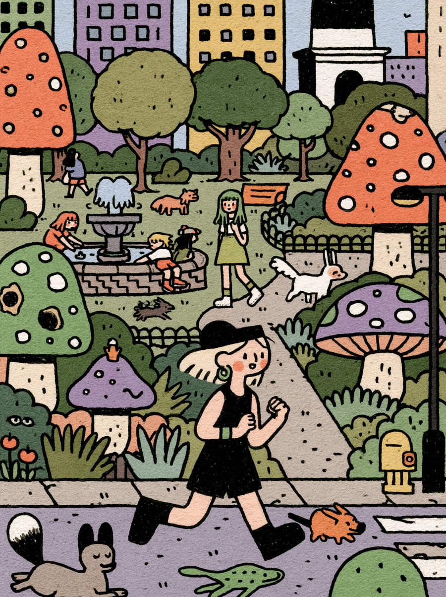 Illustration of a whimsical park with oversized mushrooms, various people including a woman jogging and others near a fountain, playful animals, and city buildings in the background
