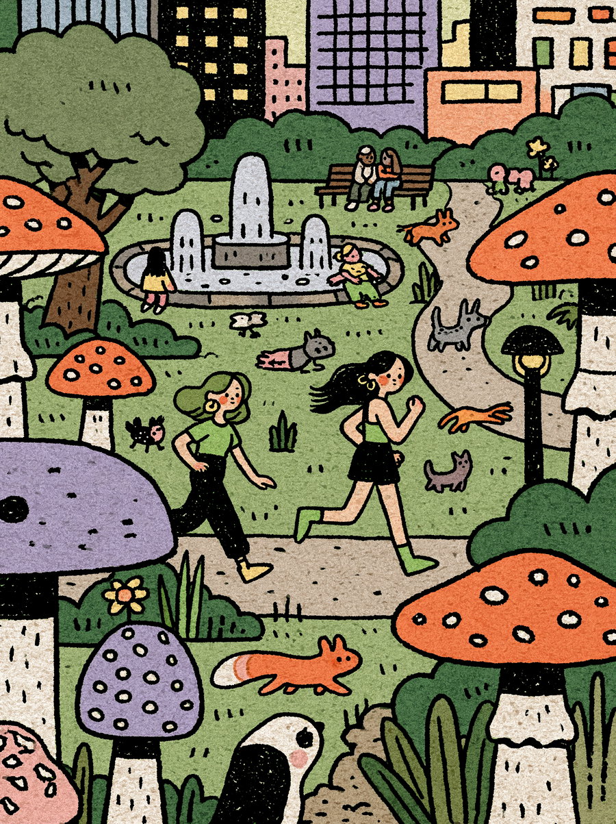 Cartoon-style illustration of two girls jogging on a path in a park with large colorful mushrooms, animals like birds, cats, and dogs, people sitting near a fountain, and urban buildings in the background.