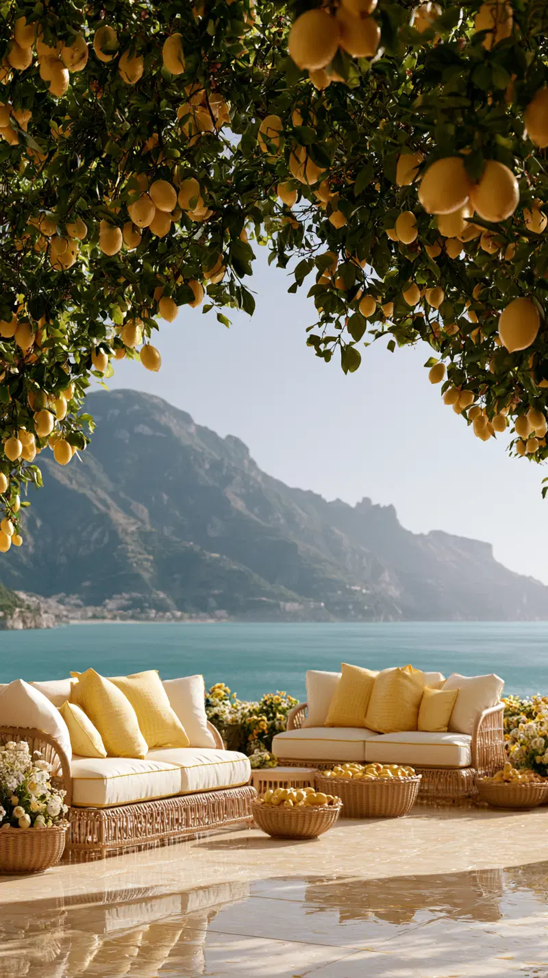 Cozy terrace with lemon trees overlooking serene coastal mountains and sea