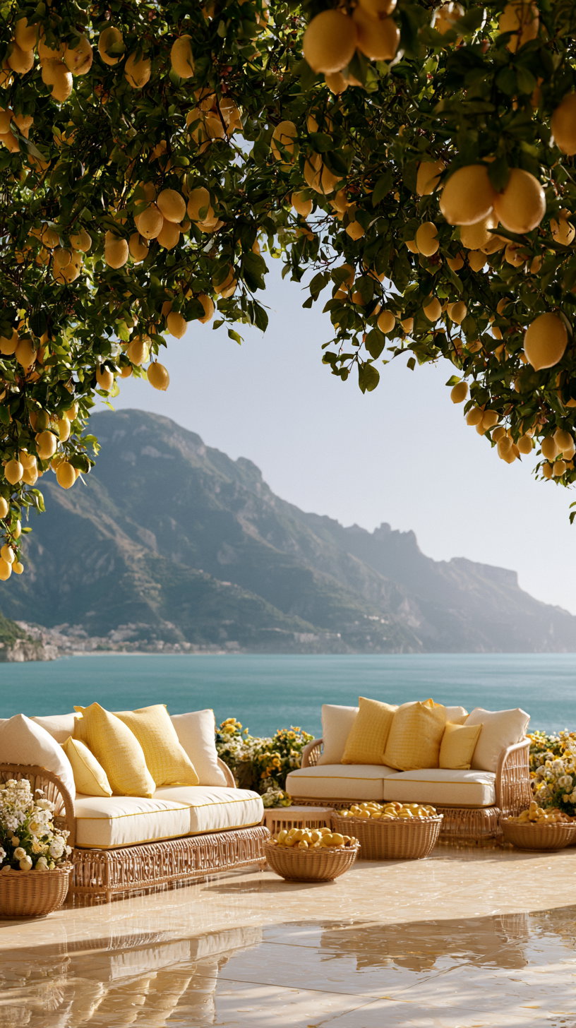 Outdoor seating area with cushioned sofas and yellow pillows under lemon trees, with baskets of lemons and flowers on tiled floor, mountains and sea in the background