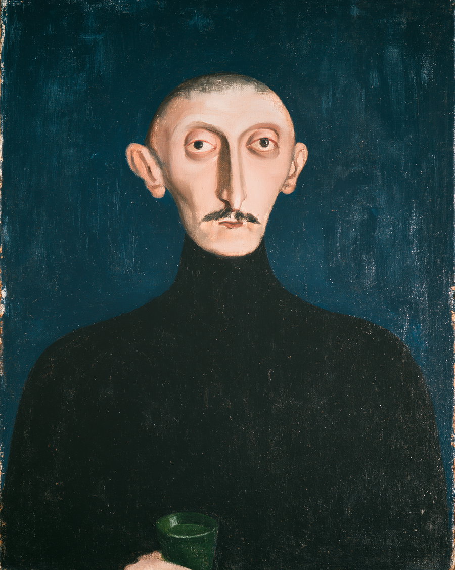 A painted portrait of a man with an elongated face, large eyes, and prominent ears wearing a black turtleneck, holding a green cup against a dark blue background