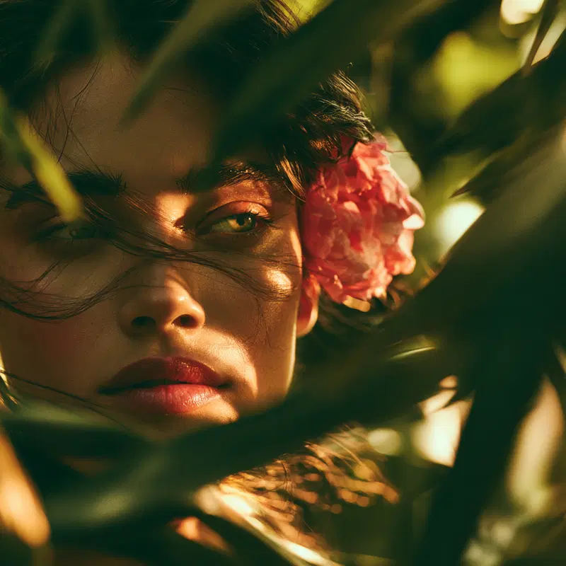Close-up portrait of a woman with a flower in her hair surrounded by foliage