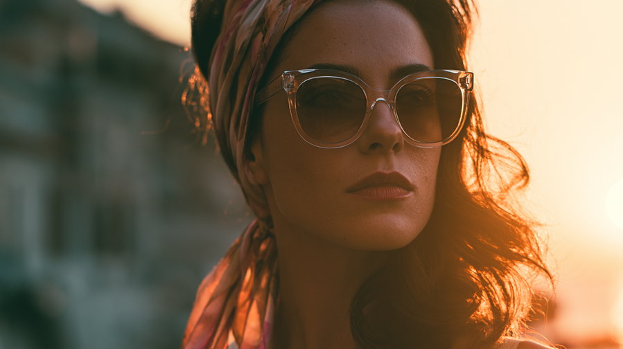 Close-up portrait of a woman with wavy hair wearing sunglasses and a pink headscarf, lit by warm golden sunlight