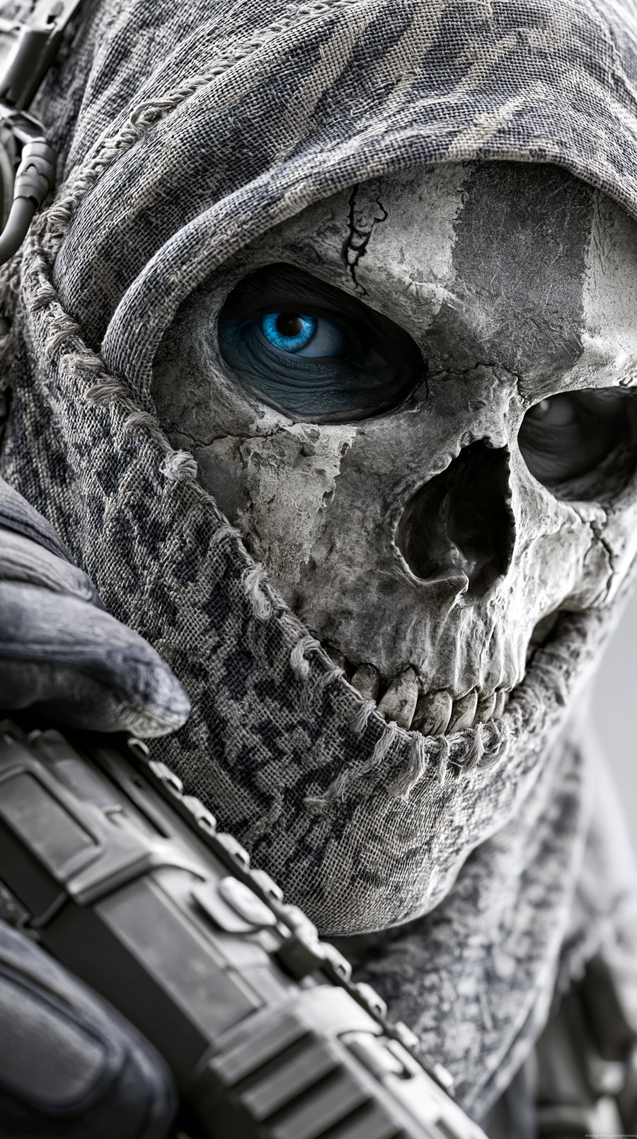 A detailed close-up image of a person wearing a weathered skull mask with blue eyes visible through the eye holes, a patterned hood covering the head, and holding a mechanical or weapon-like object