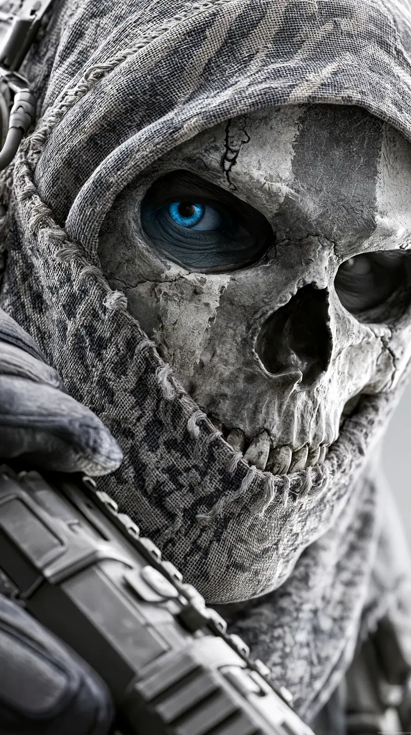 Close-up of a dark fantasy character wearing a skull mask with blue eyes
