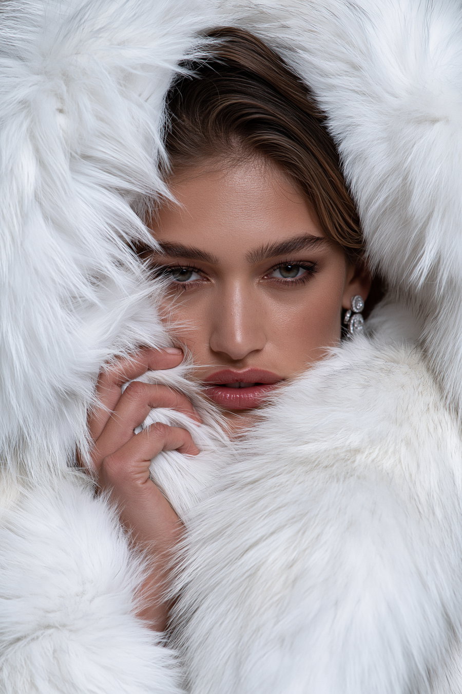 A close-up image of a woman with light skin and gray eyes, wearing a fluffy white fur hood and coat, with her hand gently touching the fur near her face
