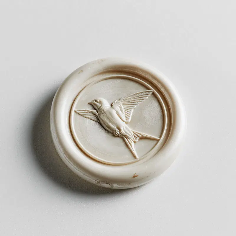 Round carved stone seal with a detailed bird in flight design