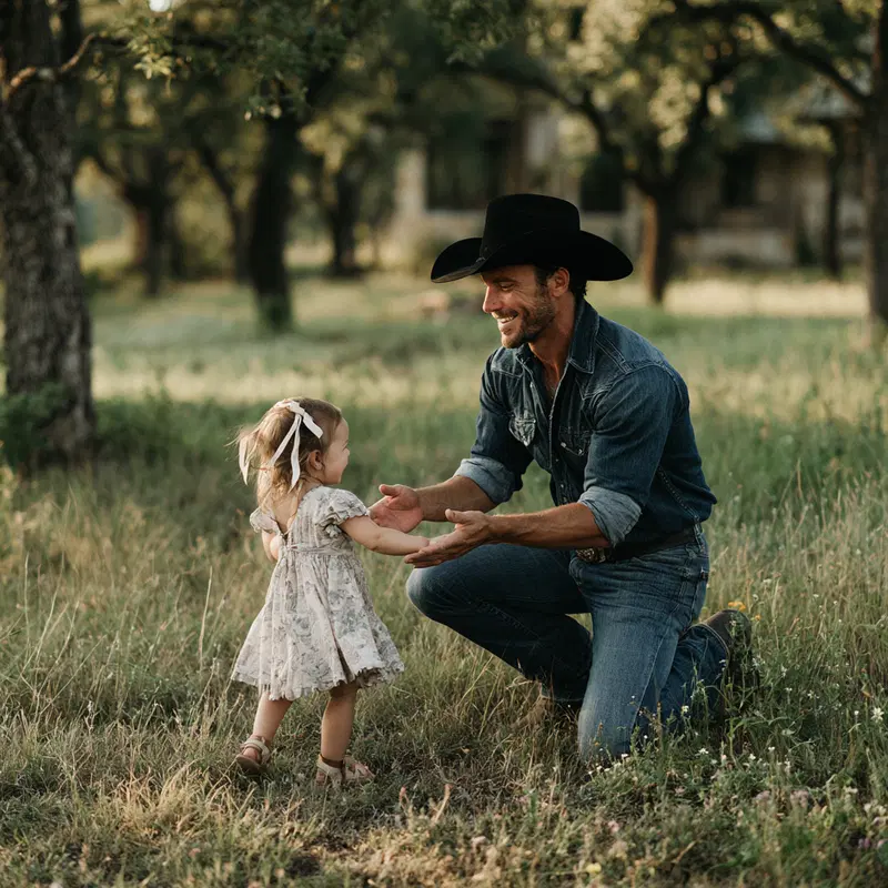 A joyful moment between a man in a cowboy hat and a young girl in a grassy field