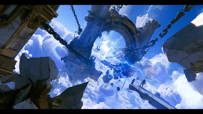 A surreal sky scene with floating ancient ruins chained above clouds and lightning