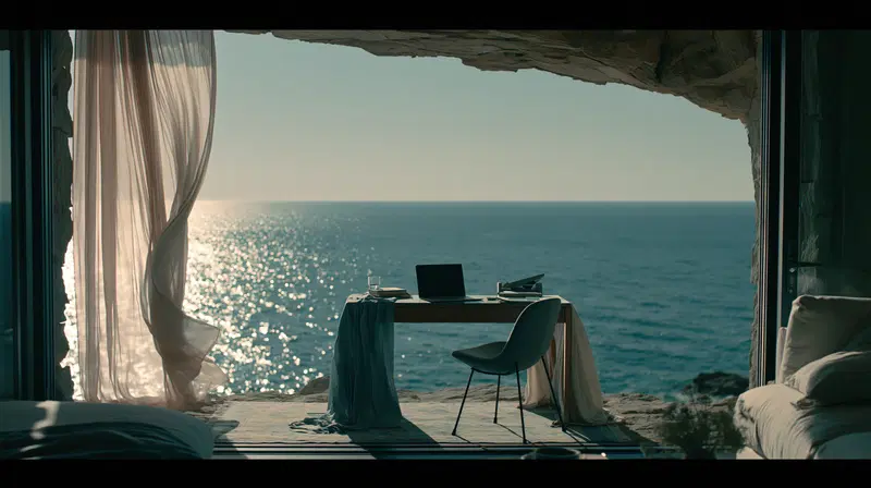 A serene workspace with a stunning sea view from a cave-like room