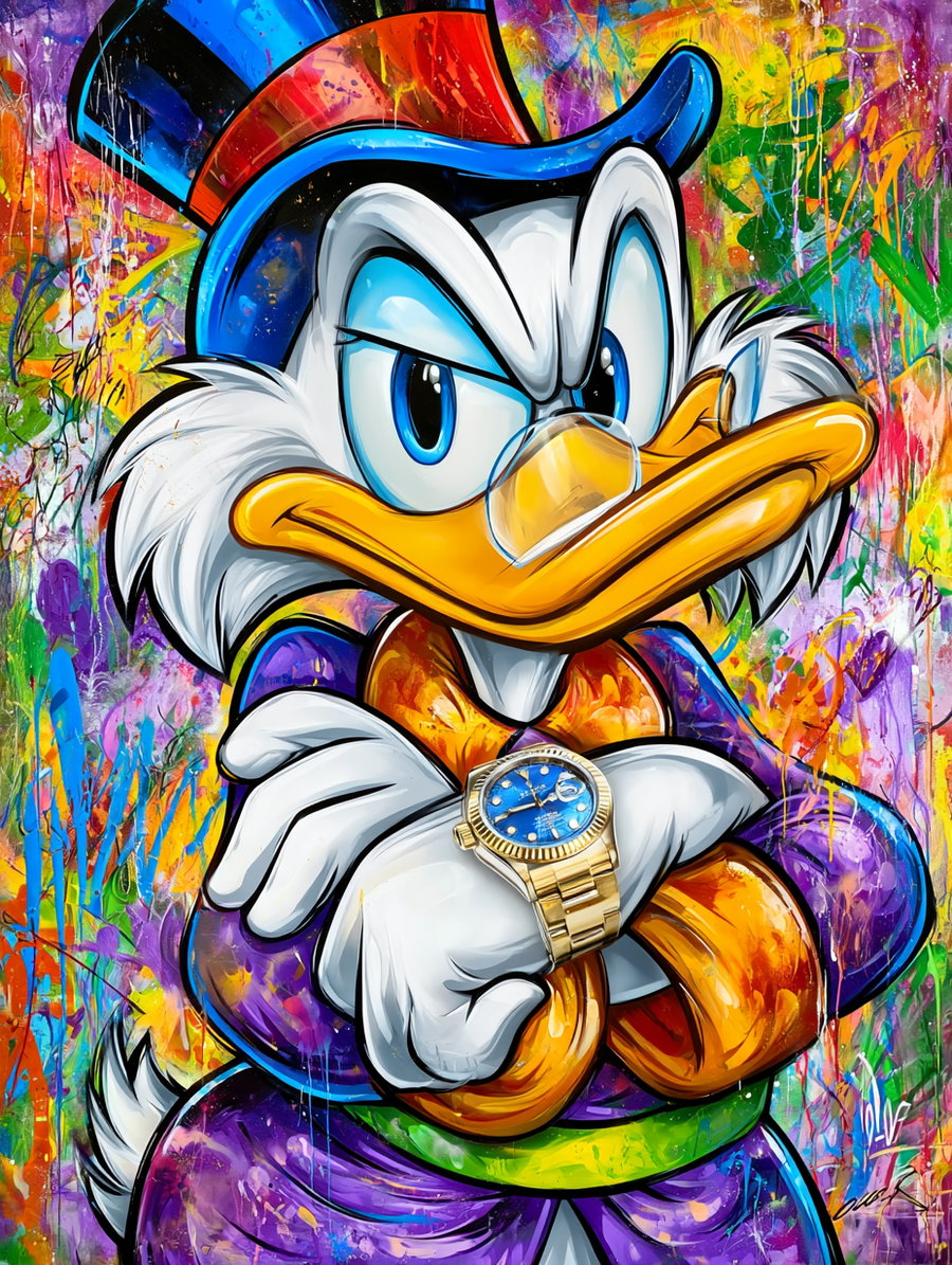 A vibrant, graffiti-style painting of a cartoon duck wearing a purple coat, orange scarf, blue and red top hat, and a gold watch on his crossed arms, set against a colorful abstract background