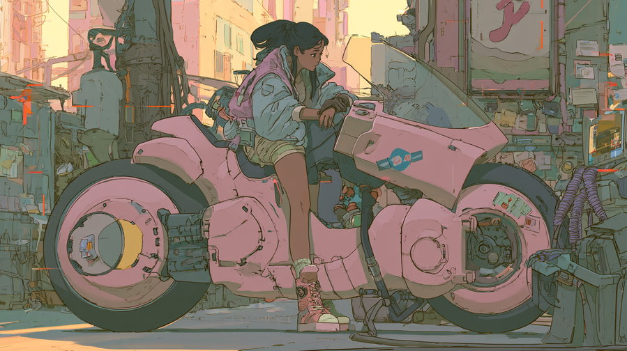 A young woman in a jacket and shorts sitting on a large pink futuristic motorcycle in a detailed city street environment with various mechanical and digital elements around.
