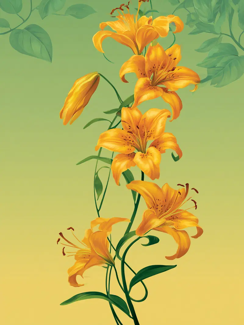 Vibrant yellow lily flowers with green leaves on gradient background