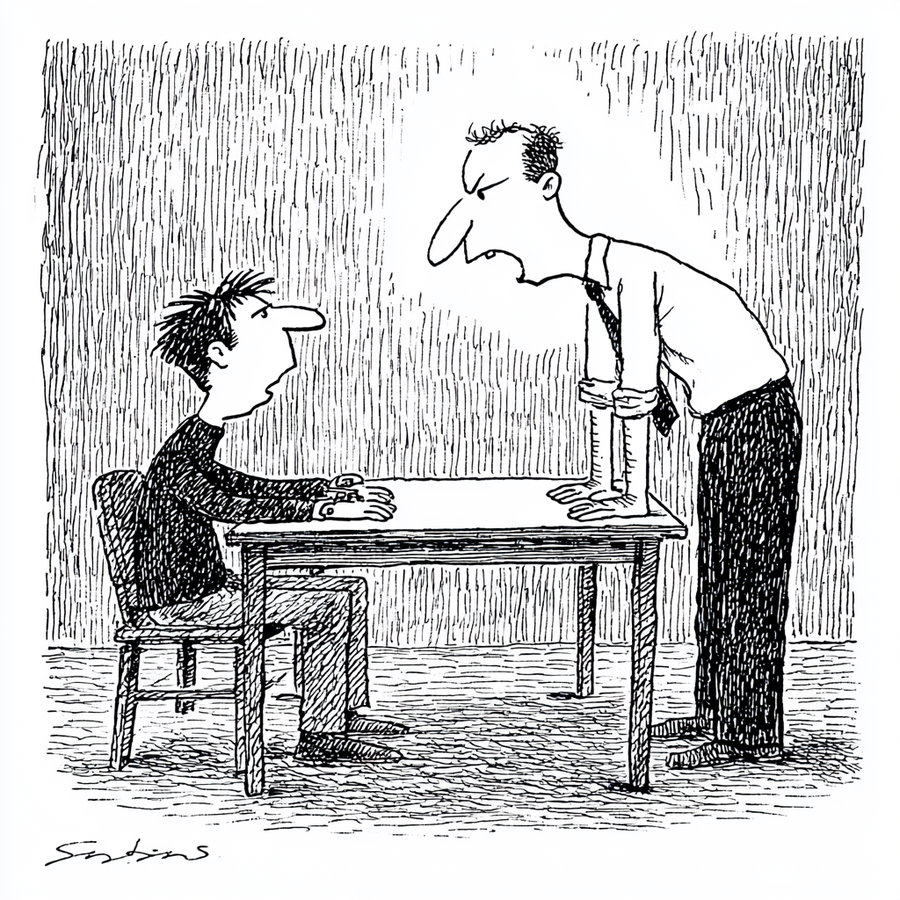 A black and white line drawing showing two men at a table indoors. One man is seated, looking surprised or defensive, while the other man stands leaning over the table, shouting or angrily addressing the seated man.