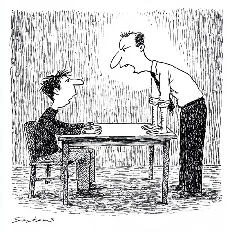 Black and white sketch of a man angrily confronting another man sitting at a table