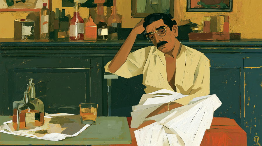A digital painting of a man with glasses and a mustache sitting pensively at a bar counter with various bottles behind him and a glass on the table in front.